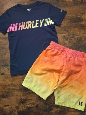 Hurley Navy With Pink-Orange-Yellow Logo & Sunset Ombre Swim Shorts